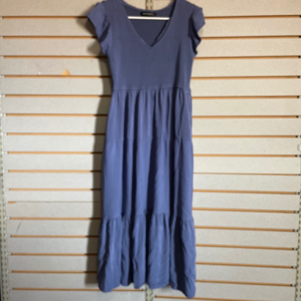 Merokeety Blue Smocked Tiered Midi‎ Dress Womens L V-Neck Flutter Sleeve Pocket